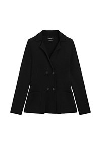 Černý pletený blazer s klopovým límcem, dvouřadým zapínáním, dvěma postranními kapsami a vroubkovanou texturou po celém povrchu.
