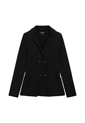 Sort strikket blazer med spidse rever, dobbeltrække foran, to sidelommer og ribbet struktur over det hele.