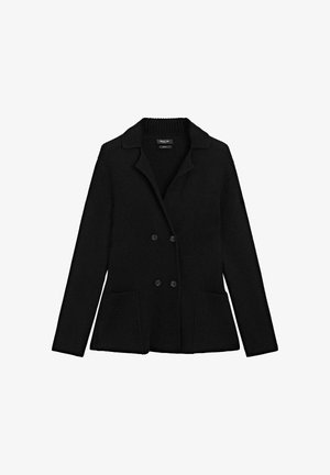 Blazer nero in maglia con colletto a punta, fronte doppiopetto, due tasche laterali e texture a coste in tutta la sua superficie.