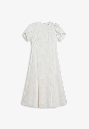 Weißes Kleid mit floralem Muster, kurzen puffärmeln und rundem Ausschnitt. Verfügt über einen ausgestellt Rock und einen verdeckten Reißverschluss hinten.