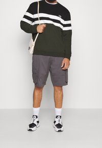 Maglione verde e nero con strisce bianche, pantaloni cargo grigi, sneakers nere e bianche e una piccola borsa a tracolla beige.