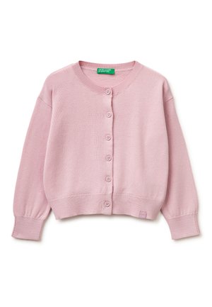 Light pink knit cardigan with long sleeves, round neckline, and six front buttons, displayed flat on a white background.