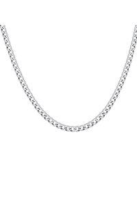 Zilverkleurige metalen ketting met dikke, in elkaar grijpende schakels met een gladde, gepolijste textuur en uniforme vorm.