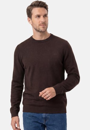 Mann trägt einen dunkelbraunen langärmeligen Pullover und blaue Jeans, steht vor einfachem hellem Hintergrund.