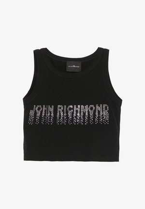 Top corto nero senza maniche con la scritta "John Richmond" in strass argentati a cascata sul davanti.