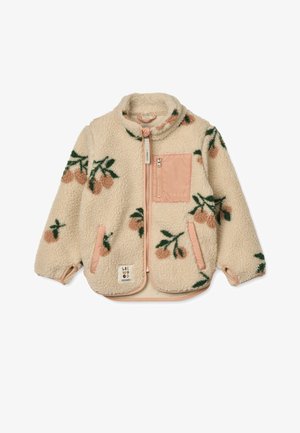 Jachetă din fleece crem cu modele florale; are fermoar frontal, accente coral și un buzunar pe piept cu o etichetă logo.