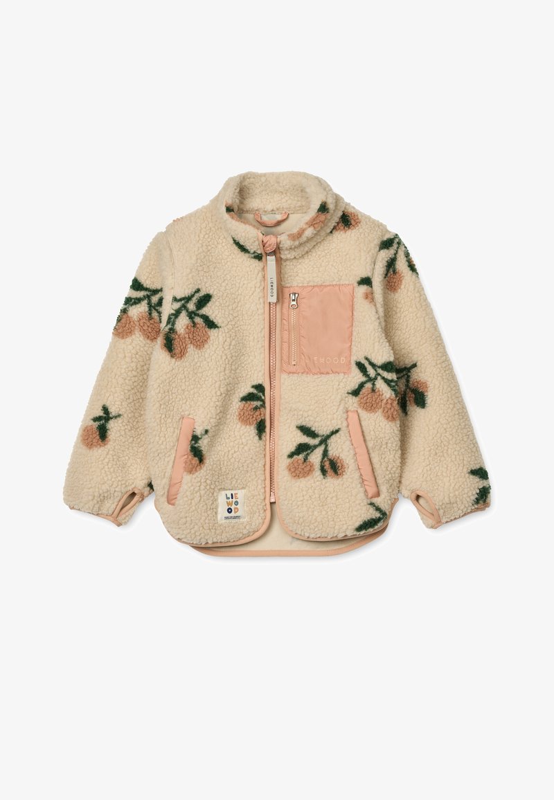 Kreemjas fliisjope lillemustriga; esiküljel lukk, korallikarva detailid ja rinnatasku logomärgiga.