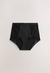 Čierne dámske nohavičky s vysokým pásom, s kvetinovou čipkovanou vsadkou po stranách a sieťovinovou lemovkou okolo otvorov na nohách, položené na neutrálnej podložke.