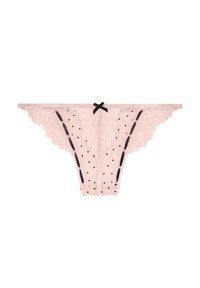 Lichtroze kanten string met zwarte stippen, zwarte lintdetails langs de zijkanten en een kleine zwarte strik in het midden van de tailleband.