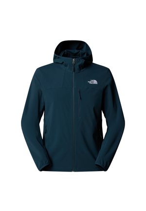 Chaqueta softshell azul marino para hombre con capucha, frente con cremallera y dos bolsillos laterales. Presenta un logo en el pecho y un tejido suave y duradero.