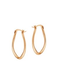 Złote kolczyki w kształcie kół o skręconym wzorze, z gładką i elegancką fakturą oraz pewnym zapięciem.