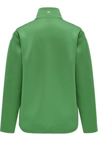 Groene langarmsgemoderniseerde shirt met hoge kraag, een gladde textuur en een minimalistisch ontwerp. Heeft een klein logo bij de halslijn en geen zichtbare hardware.