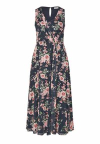 Sateen maksi-mekko, jossa on tummansininen pohja, olkaimeton muotoilu, kietaisfrontti ja kirkkaat vaaleanpunaiset ja vihreät kukkakuviot. Avaus selässä.