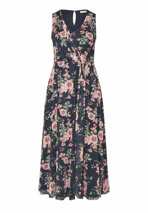 Vestido maxi floral con base azul marino, diseño sin mangas, delantero cruzado y vibrantes patrones de flores en rosa y verde. Detalle en la parte posterior con forma de ojal.