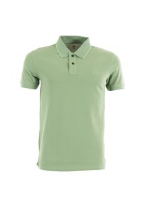 Polo de color verde claro hecho de algodón, con una tapeta de tres botones, mangas cortas y un pequeño logo bordado en el pecho.