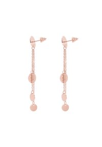 Orecchini in oro rosa con catene pendenti che presentano accenti di pendenti rotondi e ovali, texture liscia e chiusura a perno.