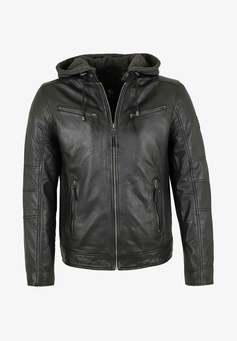 Schwarze Lederjacke mit einer grauen Kapuze. Zu den Merkmalen gehören zwei mit Reißverschluss versehenen Brusttaschen, ein durchgehender Reißverschluss vorne und strukturierte Seitenpaneele.