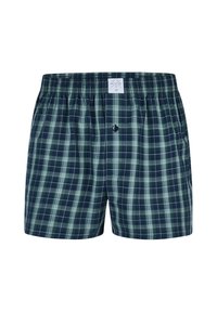 Pantaloni boxer in blu navy, verde e bianco con motivo a quadri; vita elasticizzata con chiusura a bottone; tessuto leggero con una superficie liscia.