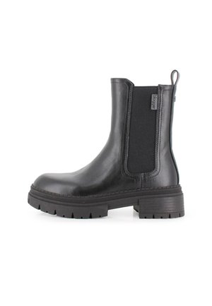 Bota negra de cuero hasta el tobillo con paneles laterales elásticos, tacón grueso, suela texturizada y lengüeta para facilitar el uso. Acabado liso con costuras sutiles.