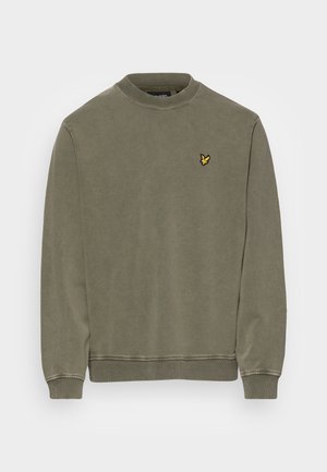 Sweat-shirt vert olive avec un col rond, des poignets et un ourlet côtelés. Présente un petit logo brodé jaune sur la poitrine. Matière en mélange de coton.