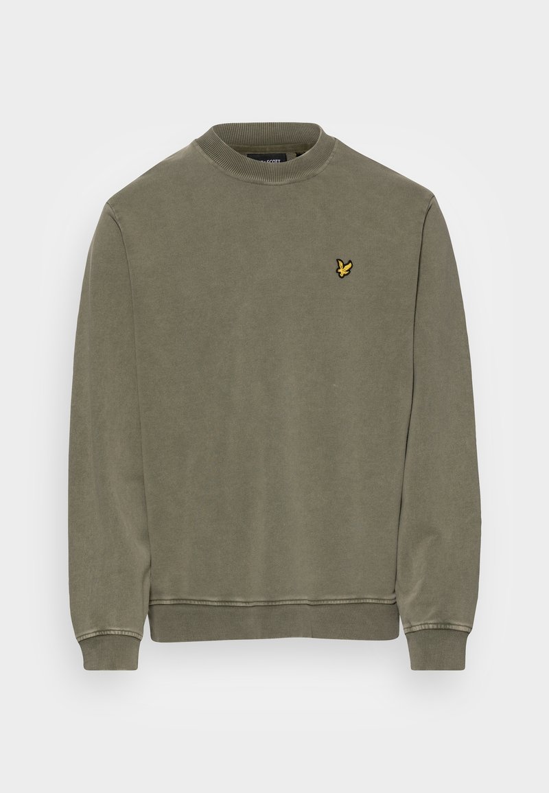 Sweat-shirt vert olive à col rond avec poignets et encolure côtelés, avec un petit logo d'oiseau jaune sur la poitrine gauche.