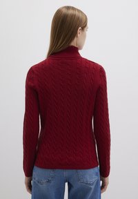 Roter Strickpullover mit hohem Kragen, der ein strukturiertes Muster und gerippte Bündchen aufweist. Die Kombination wird mit blauen Jeans getragen und ist von hinten zu sehen.