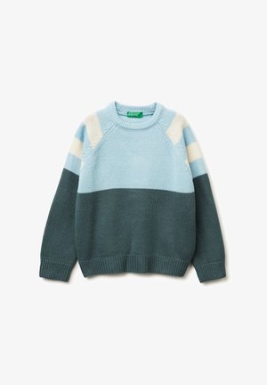 Strickpullover mit Rundhalsausschnitt in Hellblau, Weiß und Dunkelgrün; gerippte Bündchen und Saum; strukturiertes Muster über die gesamte Fläche.