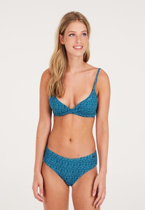 Teal gemusterde bikini set met een gepolsterde, diepe bh-top en bijpassende low-rise onderbroek, beide met delicate witte draaiingen.