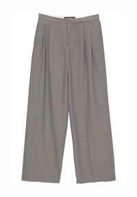 Pantalon gris à jambes larges avec un motif à carreaux subtil et des accents orange clair, devant plissé et texture lisse.