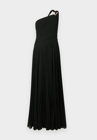 Fekete, egyrészes vállú ruha redőzött anyagból. Testre szabott felsőrésszel és lezúduló szoknyával, könnyű anyagból készült.