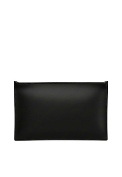 Pochette rettangolare in pelle nera con bordi netti e cuciture visibili lungo il bordo, su sfondo bianco.