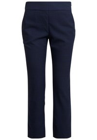 Námořnické modré kalhoty s kostkovaným vzorem, rovného střihu, s kapsami a plochým pasem pro strukturovaný siluetu.