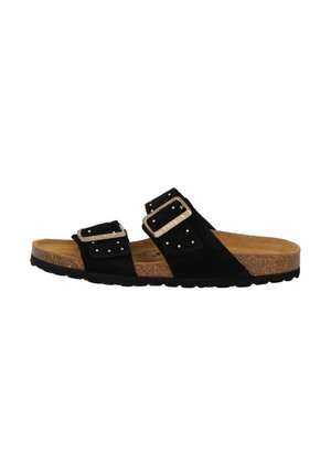 Black suede slide sandal featuring two adjustable straps with silver buckles, a cork footbed, and a textured rubber sole.