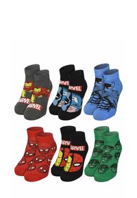 Set of 6 pairs of children's socks. Features Marvel designs: Iron Man, Spider-Man, and Hulk. Colors include gray, red, black, blue, and green.