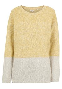 Maglione in misto lana con una trama tessuta, con la parte superiore gialla e la parte inferiore grigia chiara. Collo a giro classico e maniche lunghe.