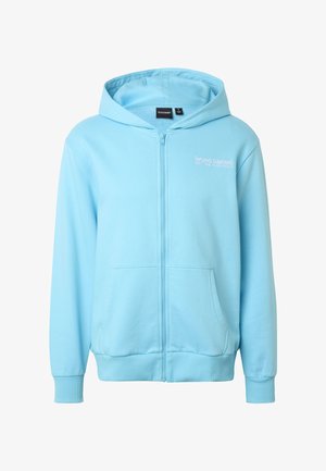 Sweat à capuche zippé bleu clair avec poches avant, poignets côtelés, et texte "bruno banani" sur le côté gauche de la poitrine sous la capuche.
