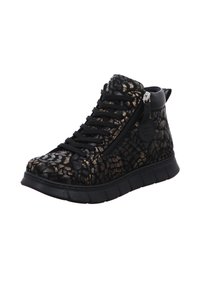 Black high-top sneakers with a textured black and gold pattern, featuring a side zipper, black laces, and a flexible rubber sole.