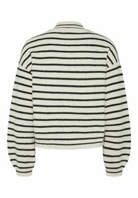 Sweter dzianinowy z okrągłym dekoltem, w kolorze czarnym i kremowym, z poziomymi paskami, puffowanymi rękawami oraz prążkowanymi mankietami i dołem.