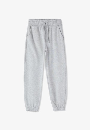 Pantaloni della tuta grigi con vestibilità rilassata, vita elasticizzata con coulisse, due tasche laterali e polsini elastici alle caviglie.