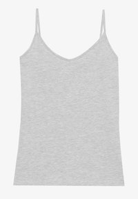 Hallharjane puuvillane tank top õhukeste reguleeritavate rihmadega, V-kaelusega, pehme tekstuuriga ja sirge lõikega, ilma kaunistusteta.