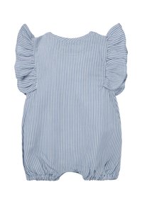 Combinaison à rayures bleu clair avec des manches courtes à volants, un col rond et des emmanchures élastiques pour un ajustement confortable.