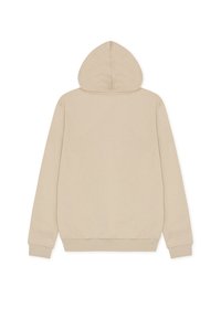 Beige hettegenser med snor i hetten, lange ermer og ribbestrikkede mansjetter og nederkant. Glatt tekstur og enkelt design. Ensfarget bakside.
