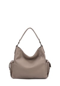 Borsa hobo in taupe, realizzata in pelle testurizzata. Presenta una parte superiore curva, un manico singolo e tasche laterali per una maggiore versatilità.