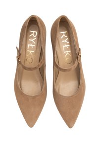 Pantofi Mary Jane din suede bej, cu vârf ascuțit, dotati cu o curea subțire și cataramă aurie, în interior din piele netedă și un design minimalist.