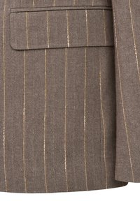Braune Fischgrätenstoffjacke mit vertikalen gelben Streifen, einer aufgesetzten Tasche und glatter Textur. Maßgeschneiderter Schnitt mit strukturierten Revers.