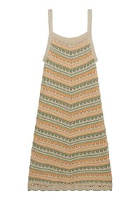 Abito in maglia con spalline a spaghetto, caratterizzato da strisce orizzontali verdi, arancioni e crema, con orlo smerlato e motivi in pizzo.