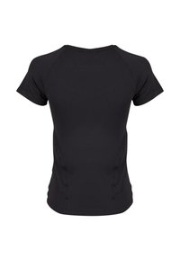 T-shirt de sport noir à manches courtes avec un design ajusté. Présente une texture lisse et des manches raglan. Aucun logo ni motif visible.