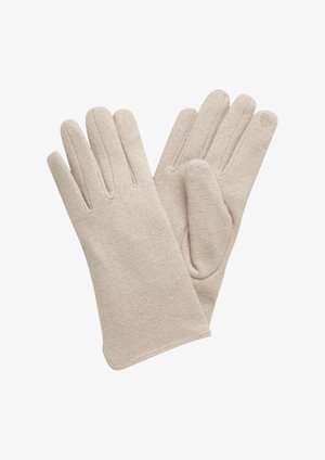 Beige gestrickte Handschuhe mit fünf Fingern, glatter Textur und einer leicht elastischen Passform. Sie verfügen über ein dezentes Logo-Detail an einem Fingertip.