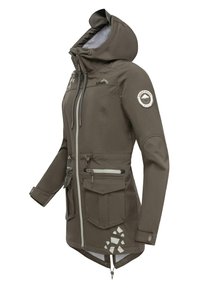 Khaki waterproof jacket with adjustable hood, multiple pockets, front zipper, and geometric reflective accents on lower hem.