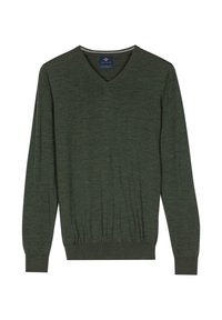 Groene v-hals trui van zachte stof; heeft lange mouwen en een ontspannen zoom. Gelaagde uitstraling met subtiele kleurvariatie.